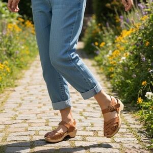 NEW Moheda Betty Swedish Wood Clog Sandals Tan Leather Size 40 Scandinavian Boho